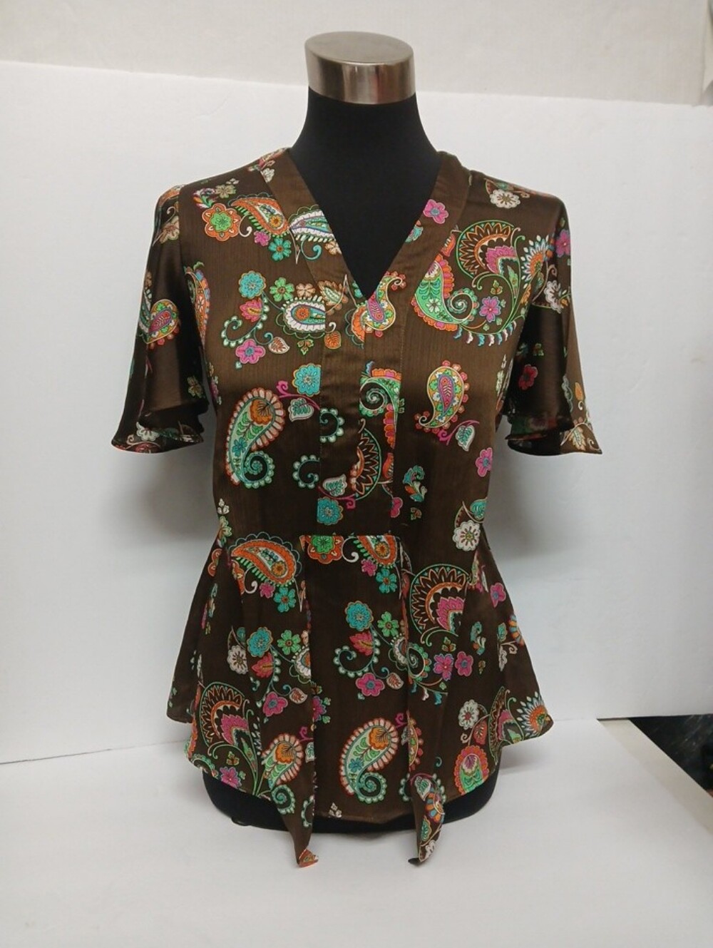 Womens Brown Satin Paisley Tie Front Ruffled Sleeve Blouse Top Size S Fairy Boho